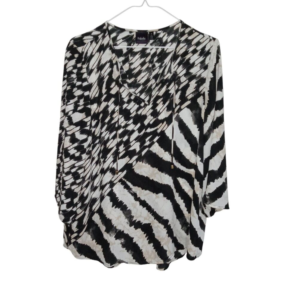 Women's Rafaella Black White Tan V-Neck Quarter 3/4 Sleeve Blouse Size M